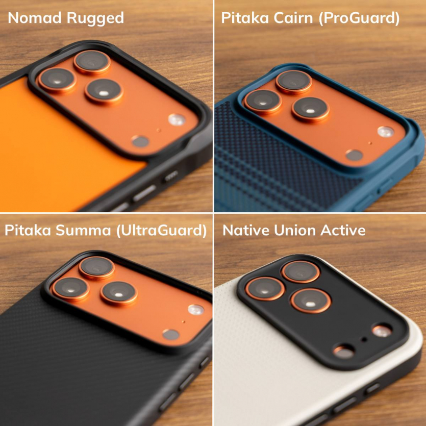 Макрофото захисних кілець навколо блоку камер iPhone 17 Pro Max у преміальних чохлах