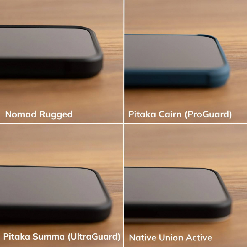Порівняння висоти захисних бортиків екрана в чохлах Nomad Rugged, Pitaka Cairn, Pitaka Summa та Native Union Active