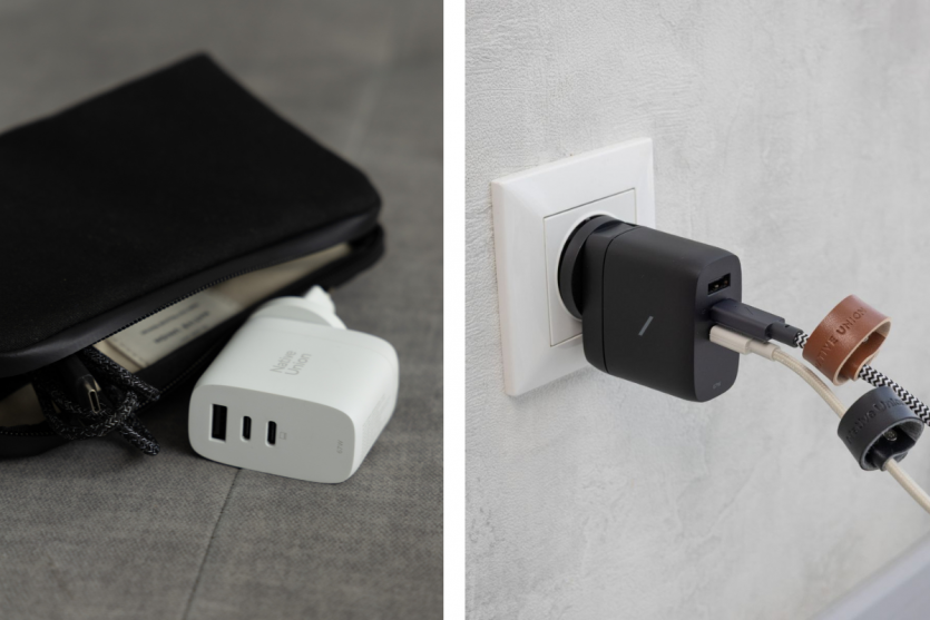 Два фото зарядного пристрою Native Union Fast GaN Charger 67W: білий блок біля органайзера Stow (ліворуч) та чорний блок у розетці з двома підключеними кабелями (праворуч)