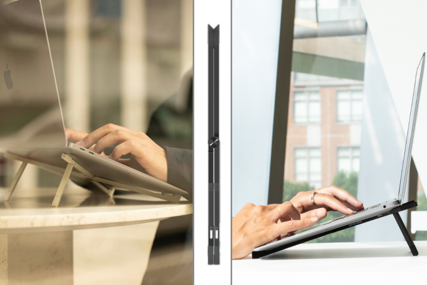 Три фото підставки Native Union Fold Laptop Stand: встановлення ноутбука, у складеному вигляді (тонкий стрижень) та ергономічний вигляд збоку.
