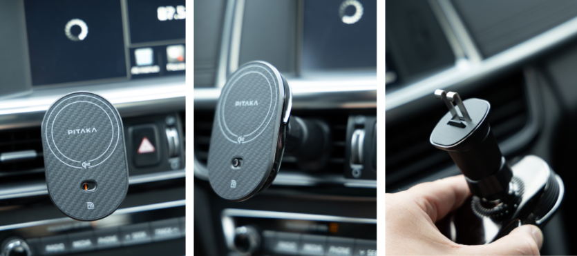 Алюмінієвий зарядний пристрій Satechi Qi2 Wireless Car Charger, встановлений у салоні автомобіля.