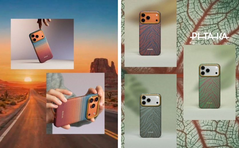 Арамідні чохли Pitaka для iPhone 17: ліворуч колекція California Dream із градієнтом заходу сонця на тлі дороги, праворуч еко-колекція Breath of Veins із текстурою листя бегонії.