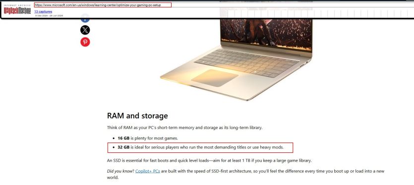 8 ГБ достатньо? Microsoft непомітно видаляє власні рекомендації з 32 ГБ оперативної пам'яті для ПК